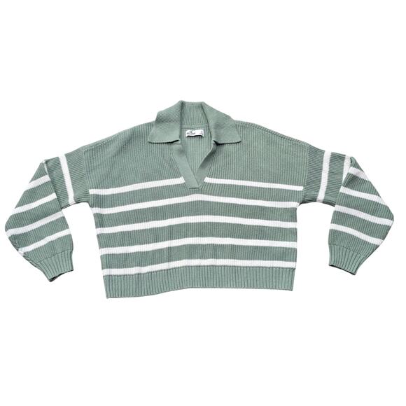 Hollister Sweaters - Hollister Green & White Striped Collared V Neck Crop Sweater
